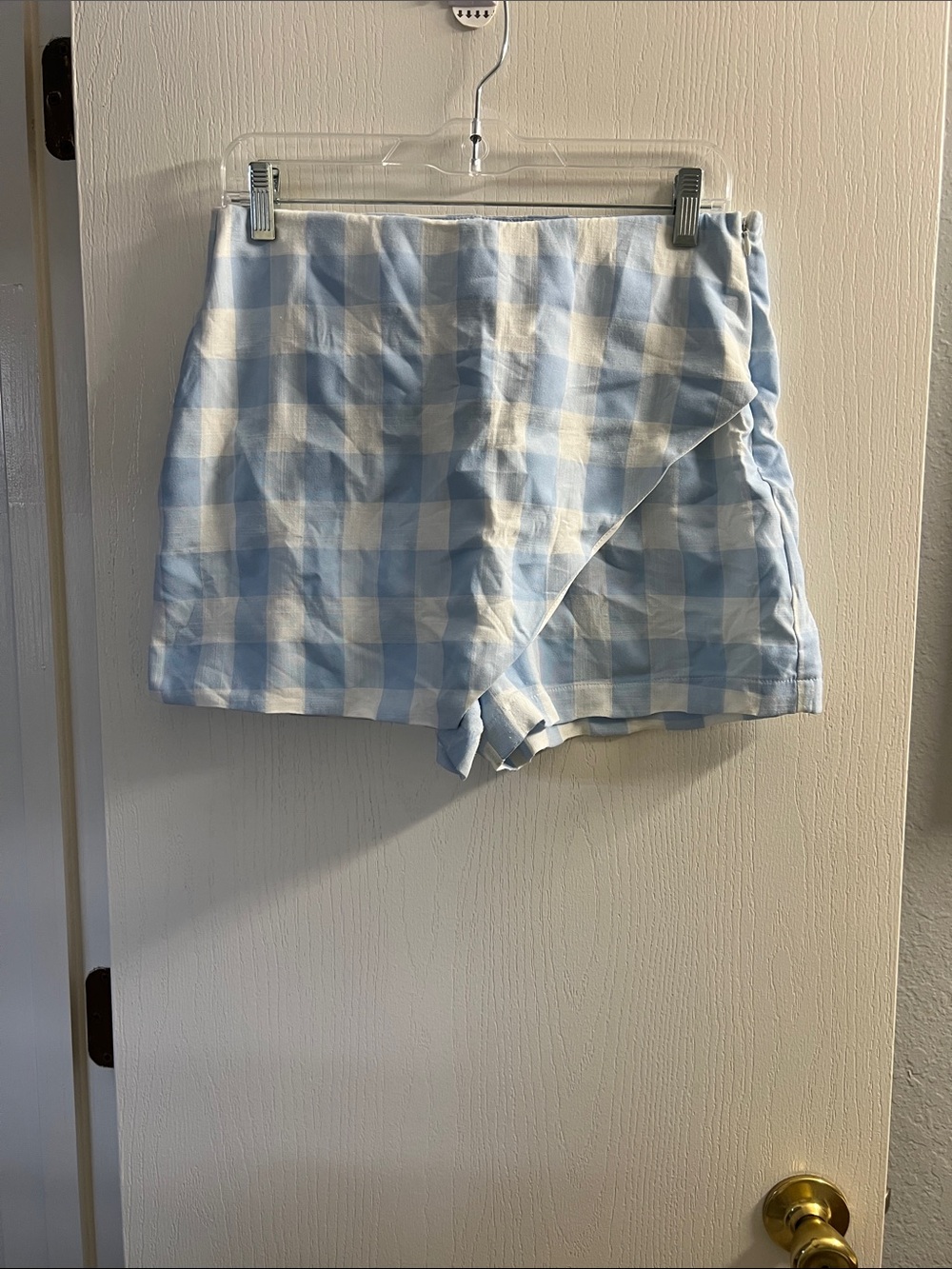 Altar'd State Light Blue and White Gingham Wrap-Front Shorts